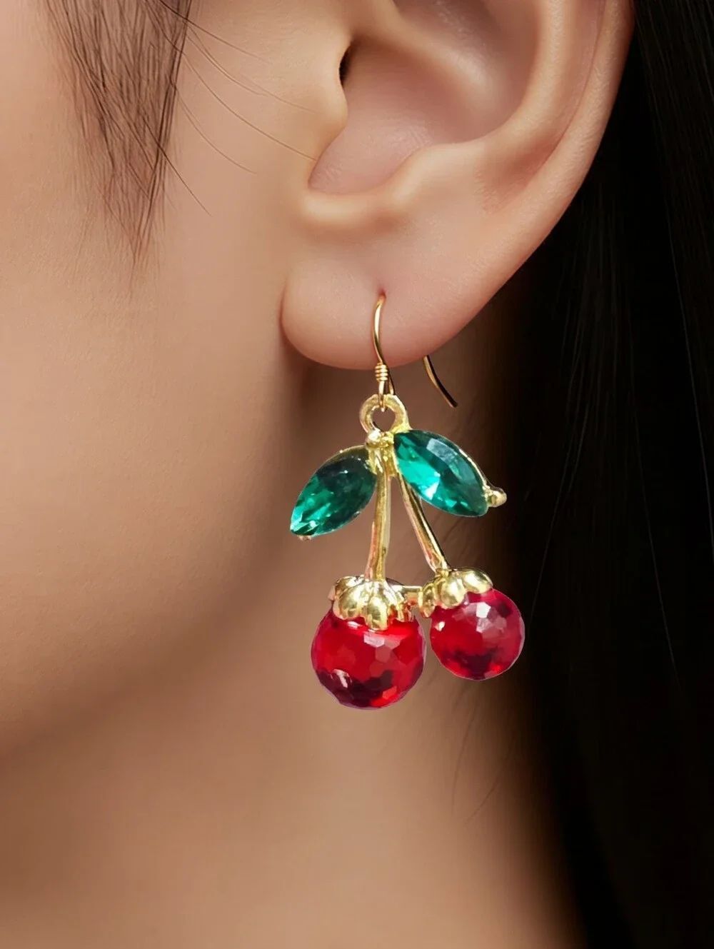 Red Cherry Drop Earrings Crystal Rhinestone Gold Coquette Kawaii Cute Fruit Gift